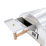 Hochwertiger, extra großer Outdoor-Pizzaofen aus Edelstahl mit glänzender Oberfläche, Holzgriff und praktischer Schublade für Pizzazubehör