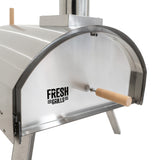 Hochwertiger, extra großer Outdoor-Pizzaofen aus Edelstahl mit glänzender Oberfläche, Holzgriff und robustem, stabilen Standfuß
