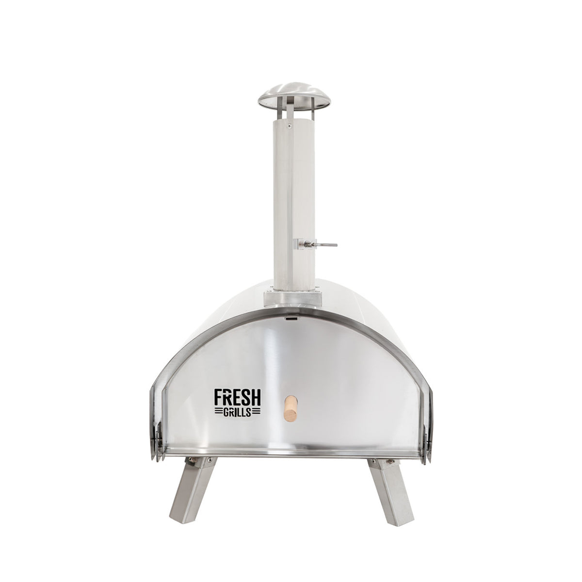 Hochwertiger, extra großer Outdoor-Pizzaofen aus glänzendem Edelstahl mit einem großen, gewölbten Ofenraum und stabilen Metallbeinen