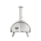 Hochwertiger, extra großer Outdoor-Pizzaofen aus glänzendem Edelstahl mit einem großen, gewölbten Ofenraum und stabilen Metallbeinen