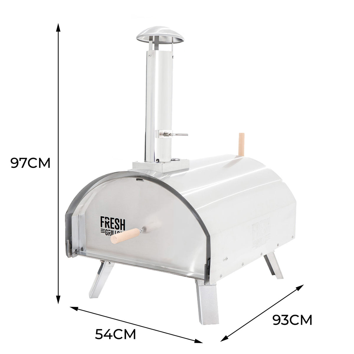 Hochwertiger, extra großer Outdoor-Pizzaofen aus Edelstahl mit glänzender Oberfläche, runder Form und praktischen Holzgriffen, ideal für Gartenpartys
