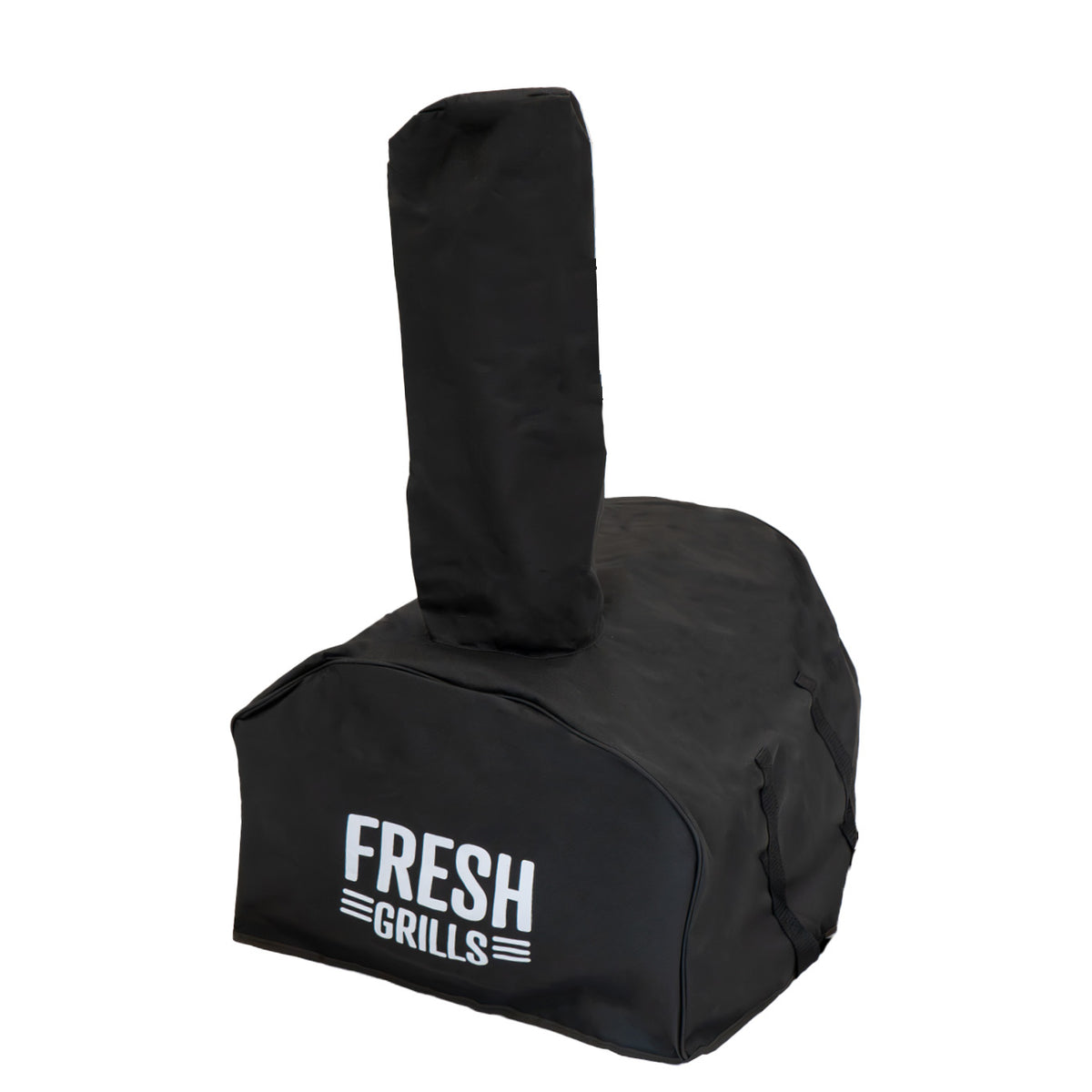 Schwarze Schutzhülle für einen Premium Extra Groß Outdoor-Pizzaofen mit weißem "FRESH GRILLS"-Logo, robust und wetterfest, ideal für den Außenbereich