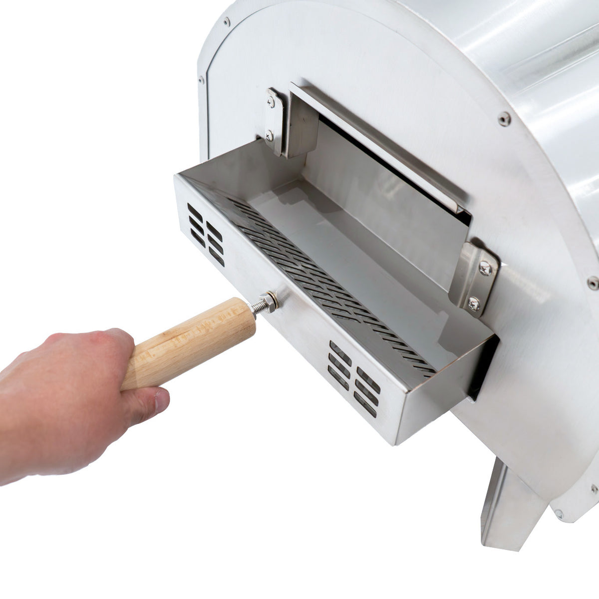 Hochwertiger, extra großer Outdoor-Pizzaofen aus Edelstahl mit Holzgriff und herausziehbarem Aschebehälter für einfaches Reinigen und optimalen Komfort