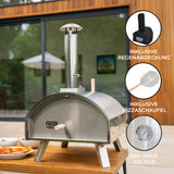 Premium extra großer Outdoor-Pizzaofen aus Edelstahl mit glänzender Oberfläche, Thermometer, Pizzaschaufel und Regenabdeckung, ideal für Gartenpartys