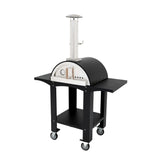 Freistehender Outdoor-Pizzaofen mit schwarzem Gestell, Edelstahl-Aufsatz und praktischen Vorbereitungsstationen für ein optimales Kocherlebnis
