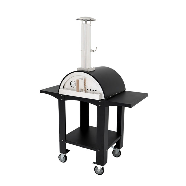 Freistehender Outdoor-Pizzaofen mit schwarzem Gestell, Edelstahl-Aufsatz und praktischen Vorbereitungsstationen für ein optimales Kocherlebnis