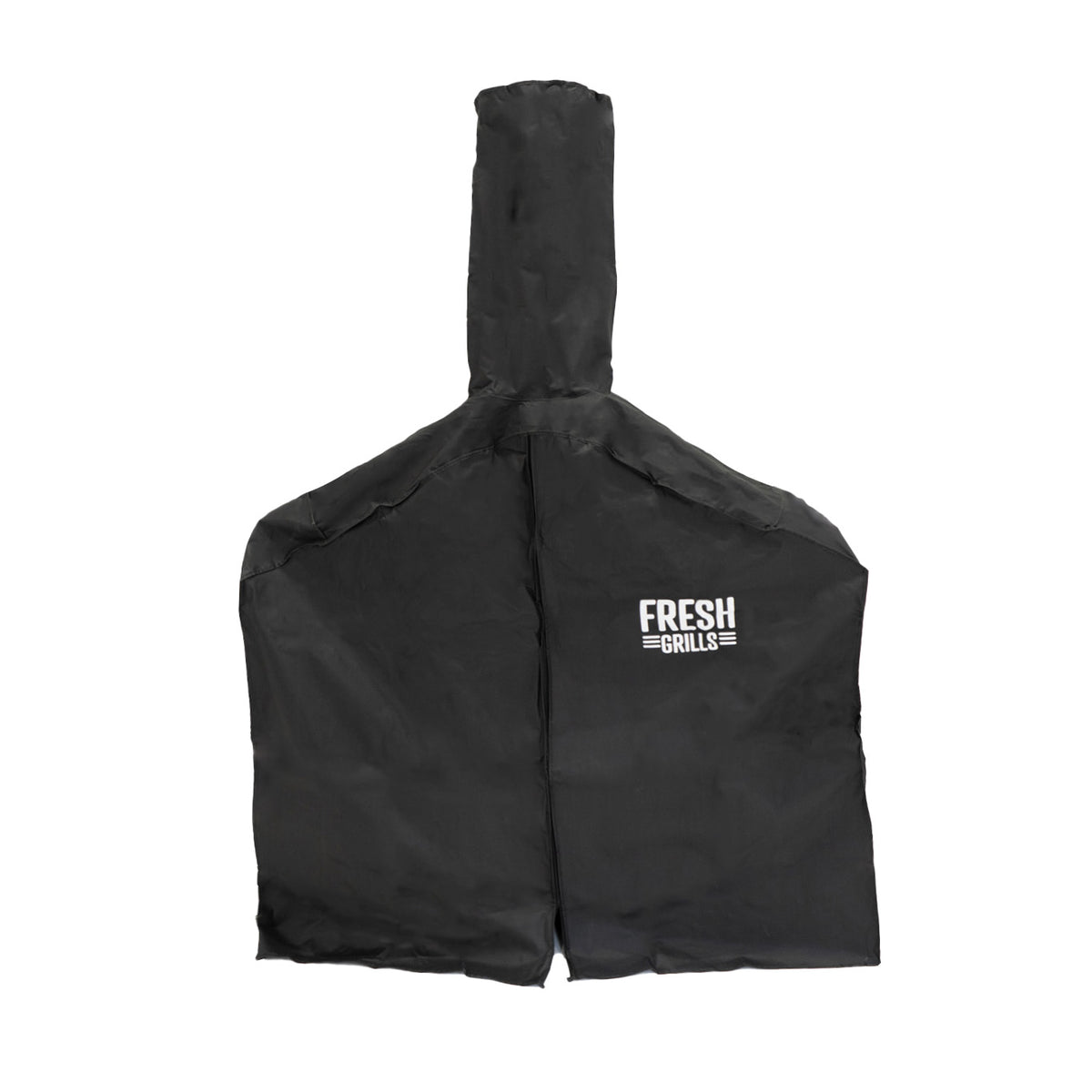 Schwarze Schutzhülle für einen freistehenden Outdoor-Pizzaofen, aus strapazierfähigem Material, mit dem Aufdruck "FRESH GRILLS" in Weiß