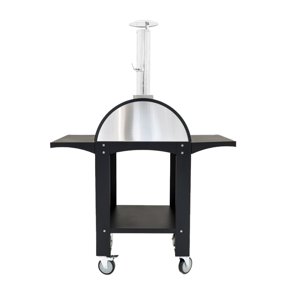 Freistehender Outdoor-Pizzaofen mit eleganter Edelstahloberfläche, schwarzen Holzregalen und praktischen Rollen für einfache Mobilität