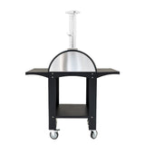 Freistehender Outdoor-Pizzaofen mit eleganter Edelstahloberfläche, schwarzen Holzregalen und praktischen Rollen für einfache Mobilität
