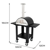 Freistehender Outdoor-Pizzaofen in Schwarz mit Edelstahl-Details, runder Form, zwei praktischen Ablageflächen und Rollen für einfache Mobilität
