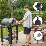 Freistehender Outdoor-Pizzaofen mit schwarzem Metallgehäuse, Vorbereitungsstationen, und Zubehör wie Pizzaschieber und Regenabdeckung, ideal für Gartenpartys