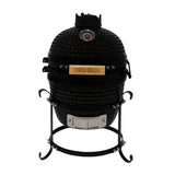 Schwarzer Kamado-Ofen aus Keramik mit glänzender Oberfläche, runder Form, Metallgestell und Holzgriff, ideal für Holzkohlegrill-Enthusiasten