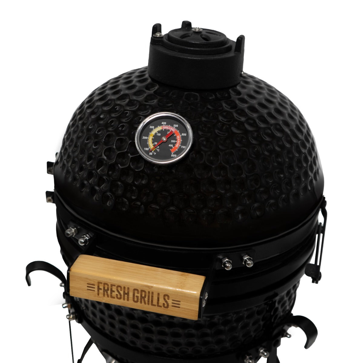 Runder, schwarzer Kamado-Ofen mit glänzender Oberfläche, Holzgriff und Temperaturanzeige, ideal für Holzkohlegrill-Enthusiasten