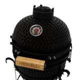 Runder, schwarzer Kamado-Ofen mit glänzender Oberfläche, Holzgriff und Temperaturanzeige, ideal für Holzkohlegrill-Enthusiasten