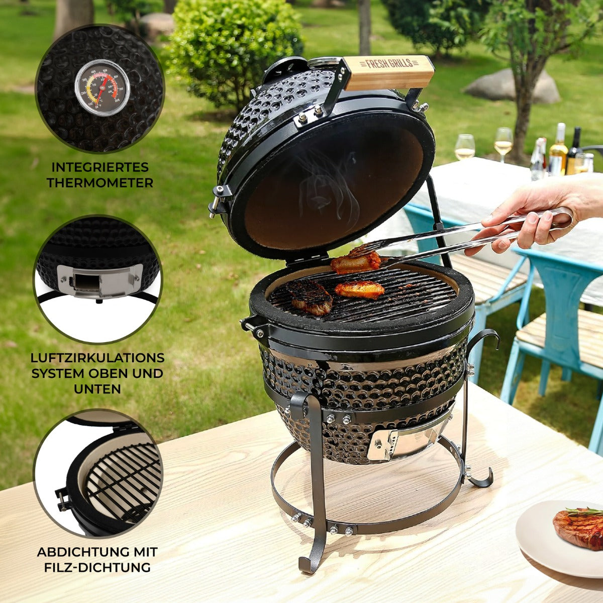 Kamado-Ofen Holzkohlegrill in Schwarz mit integriertem Thermometer, runder Form, Grillrost aus Metall und Holzgriff, ideal für BBQ im Freien