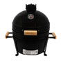 Runder, schwarzer Kamado-Ofen aus Keramik mit Holzgriffen, Thermometer und robustem Stand, ideal für Grillliebhaber und Outdoor-Küche