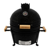 Schwarzer Kamado-Ofen aus Keramik mit Holzgriffen, runder Form, Temperaturanzeige und robustem Grillrost, ideal für Holzkohlegrillliebhaber