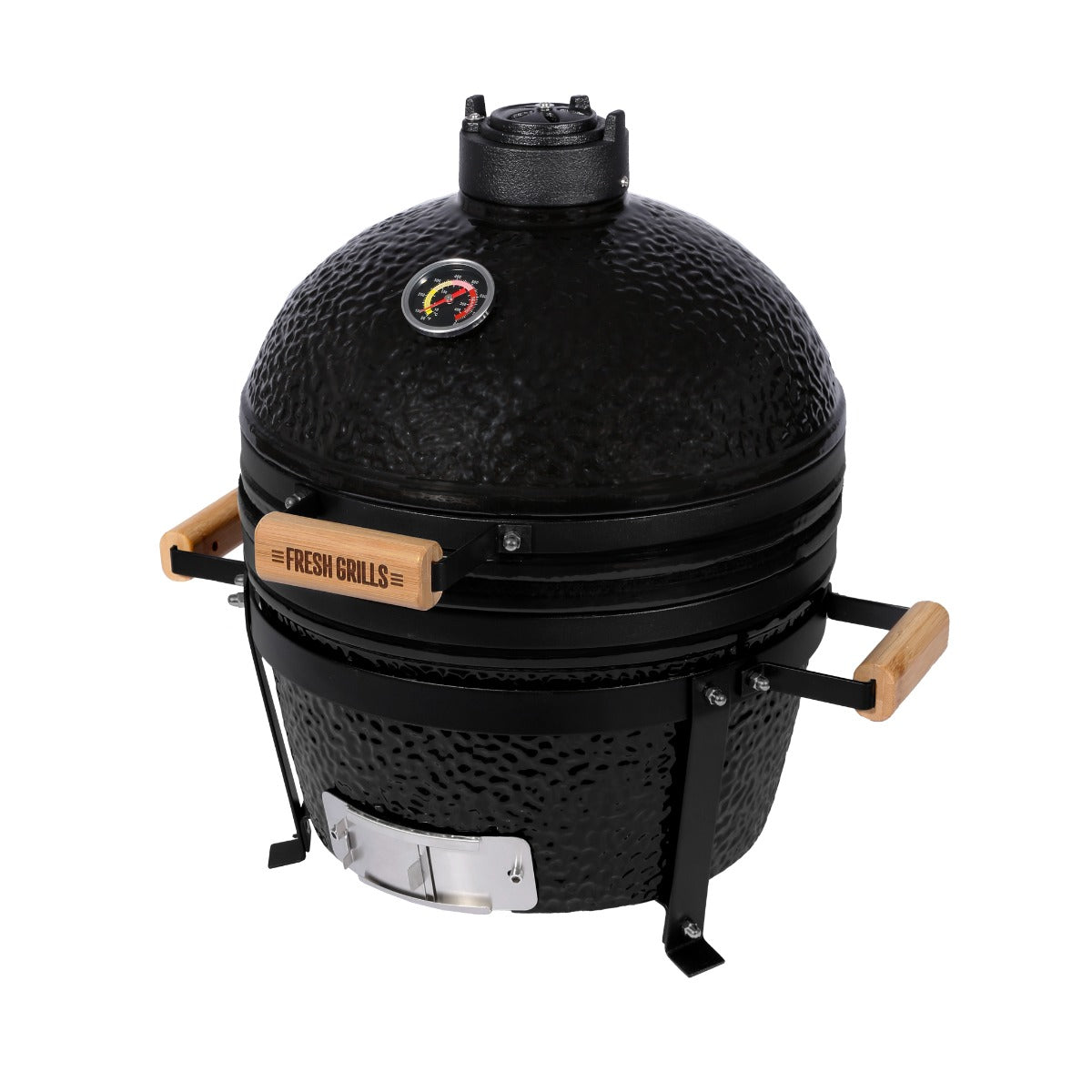 Kamado-Ofen Holzkohlegrill von Fresh Grills, 40,6 cm, mit schwarzer, strukturiertem Gehäuse, Holzgriffen und Temperaturanzeige für perfektes Grillen