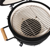 Runder Kamado-Ofen in Schwarz mit einem stabilen Grillrost aus Edelstahl und einem Innenraum aus Keramik, ideal für Holzkohlegrillen