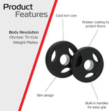 Schwarze Olympische Hantelscheiben aus Gusseisen mit Tri-Grip-Griffen, rutschfester Gummibeschichtung und schlankem Design für einfaches Heben