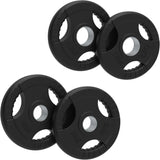 Schwarze, gummierte Olympische Tri-Grip-Gewichtsplatten im 25-kg-Set, mit praktischen Griffen und robustem Design für sicheres Heben