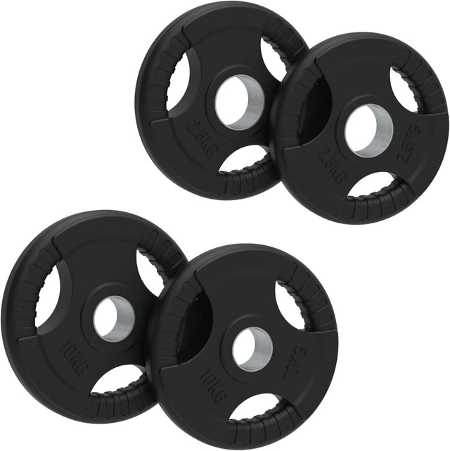 Schwarze, gummierte Olympische Tri-Grip-Gewichtsplatten im 25-kg-Set, mit praktischen Griffen und robustem Design für sicheres Heben
