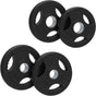 Schwarze, gummierte Olympische Tri-Grip-Gewichtsplatten im 25-kg-Set, mit praktischen Griffen und robustem Design für sicheres Heben