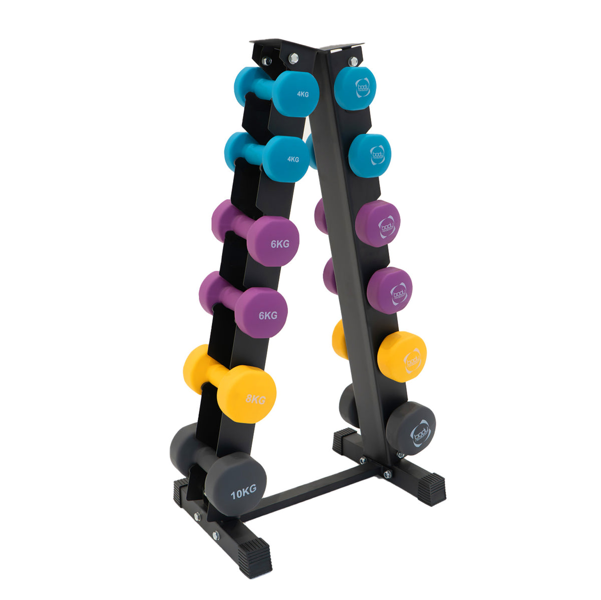Neopren Hantel-Set mit bunten Gewichten in verschiedenen Farben, auf einem stabilen schwarzen Ständer angeordnet, ideal für das Heimtraining