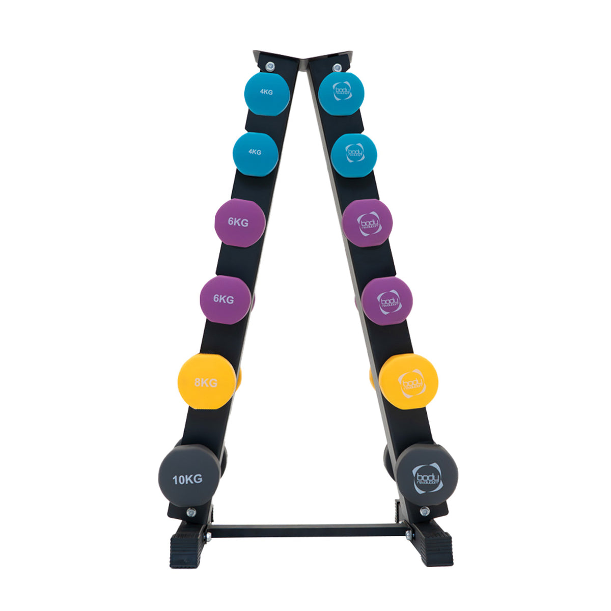 Buntes Neopren Hantel-Set mit Ständer, bestehend aus Gewichten von 4 kg bis 10 kg, in verschiedenen Farben und runder Form, ideal für das Training