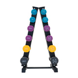 Buntes Neopren Hantel-Set mit Ständer, bestehend aus Gewichten von 4 kg bis 10 kg, in verschiedenen Farben und runder Form, ideal für das Training