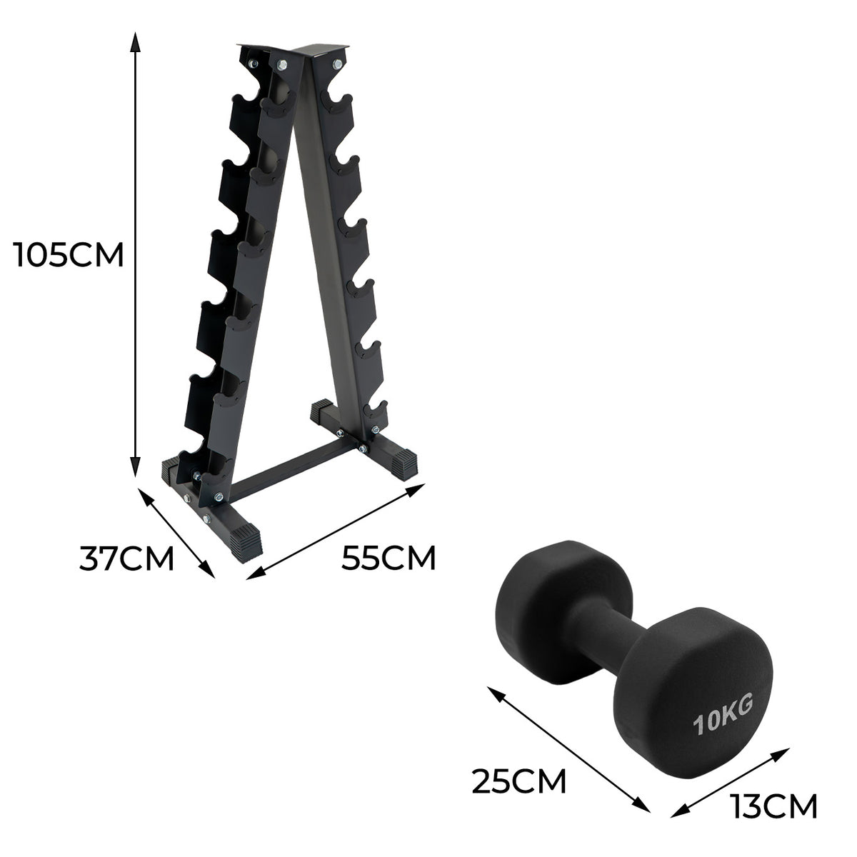Neopren Hantel-Set mit Ständer, schwarzer Metallständer mit Platz für mehrere Hanteln, eine 10 kg Hantel in mattem Schwarz, kompakte Maße und robustes Design