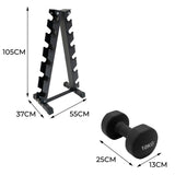Neopren Hantel-Set mit Ständer, schwarzer Metallständer mit Platz für mehrere Hanteln, eine 10 kg Hantel in mattem Schwarz, kompakte Maße und robustes Design