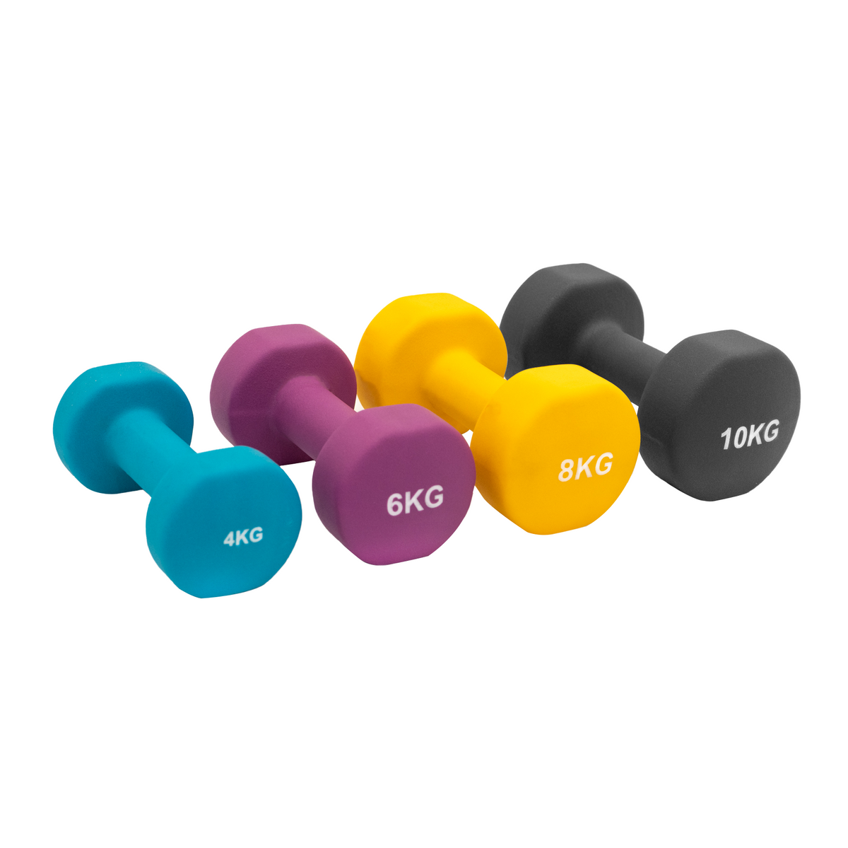 Buntes Neopren Hantel-Set mit Gewichten von 4 kg, 6 kg, 8 kg und 10 kg, in verschiedenen Farben und rutschfester, griffiger Oberfläche