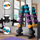 Neopren Hantel-Set mit bunten Gewichten von 4 kg bis 10 kg, auf einem stabilen, schwarz lackierten Stahlständer, ideal für das Home-Workout