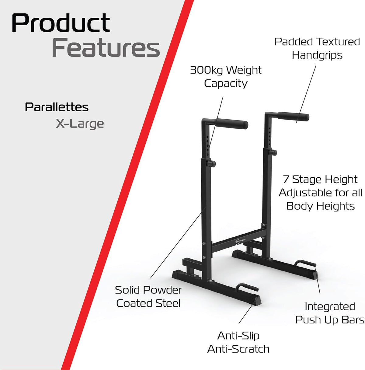 Schwarze Parallettes XL Dip-Barren aus pulverbeschichtetem Stahl, mit gepolsterten, strukturierten Handgriffen und verstellbarer Höhe für verschiedene Körpergrößen
