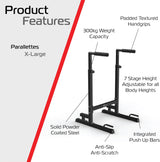 Schwarze Parallettes XL Dip-Barren aus pulverbeschichtetem Stahl, mit gepolsterten, strukturierten Handgriffen und verstellbarer Höhe für verschiedene Körpergrößen