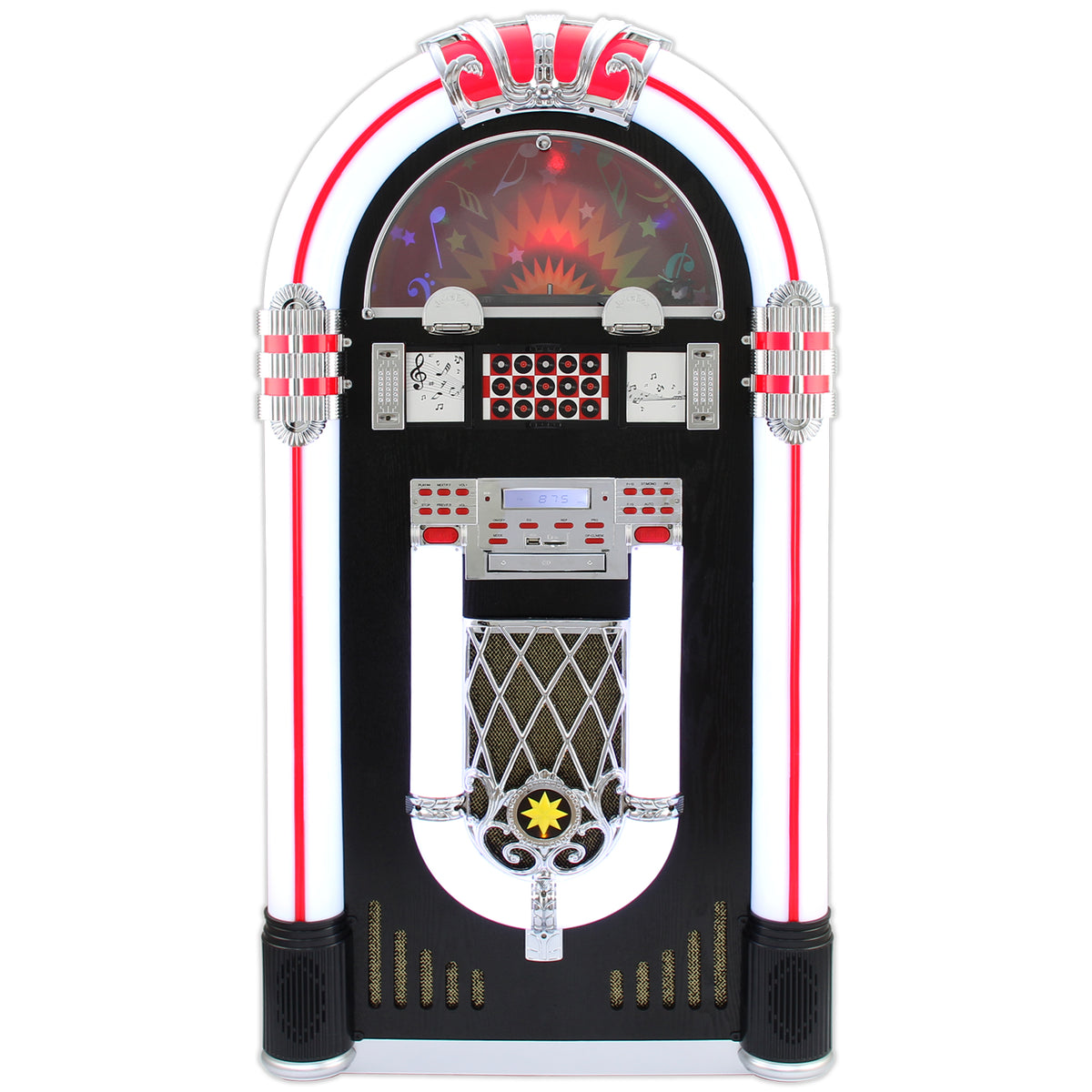 Bunter Vintage-Vinyl-Jukebox mit glänzenden Chromdetails, beleuchtetem Display und klassischem Design in Rot, Weiß und Schwarz