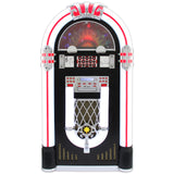 Bunter Vintage-Vinyl-Jukebox mit glänzenden Chromdetails, beleuchtetem Display und klassischem Design in Rot, Weiß und Schwarz