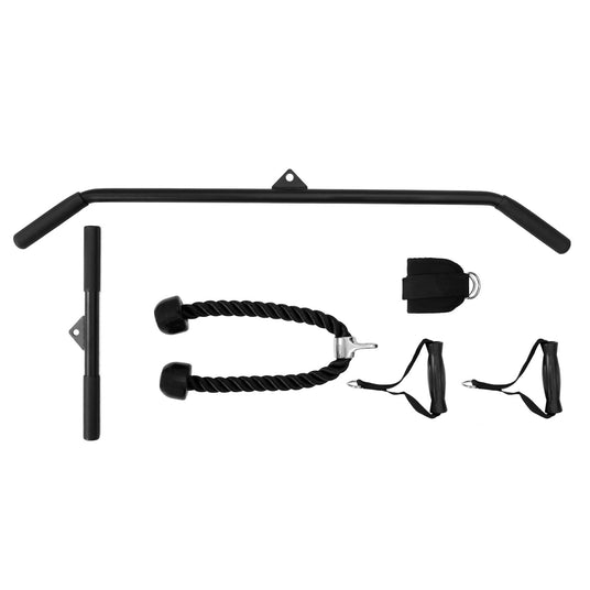 Schwarzes Fitnesszubehör-Set mit einer geraden Stange, einer Seilzug-Griffstange und zwei Handgriffen, ideal für Krafttraining und Fitnessübungen