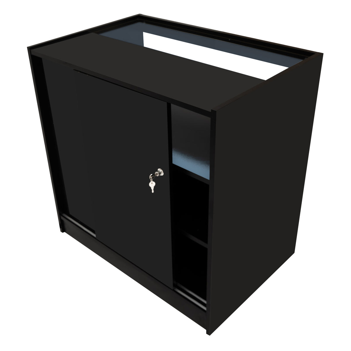 Schwarzes Iris LED Verkaufstheken-Set CM60 + B900 mit glatter Oberfläche, abschließbarem Schrank und offener Ablage für optimale Präsentation