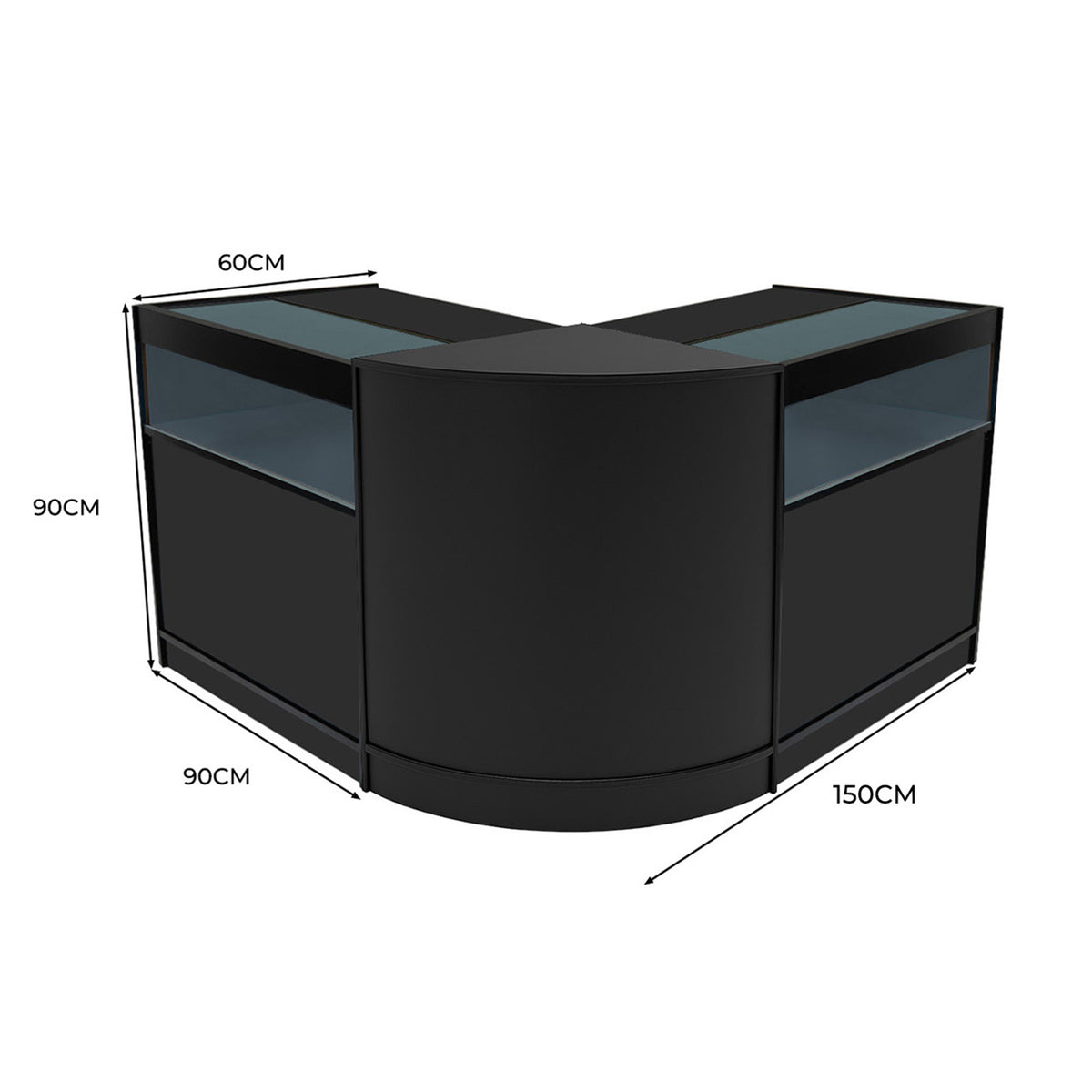 Schwarzes Iris LED Verkaufstheken-Set mit zwei eleganten, abgerundeten Ecken, Glasoberflächen und klaren Abmessungen für moderne Verkaufsräume