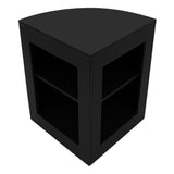 Eckige, schwarze Verkaufstheke aus hochwertigem Material mit zwei offenen Regalen, ideal für den Einzelhandel oder Messen, modernes Design