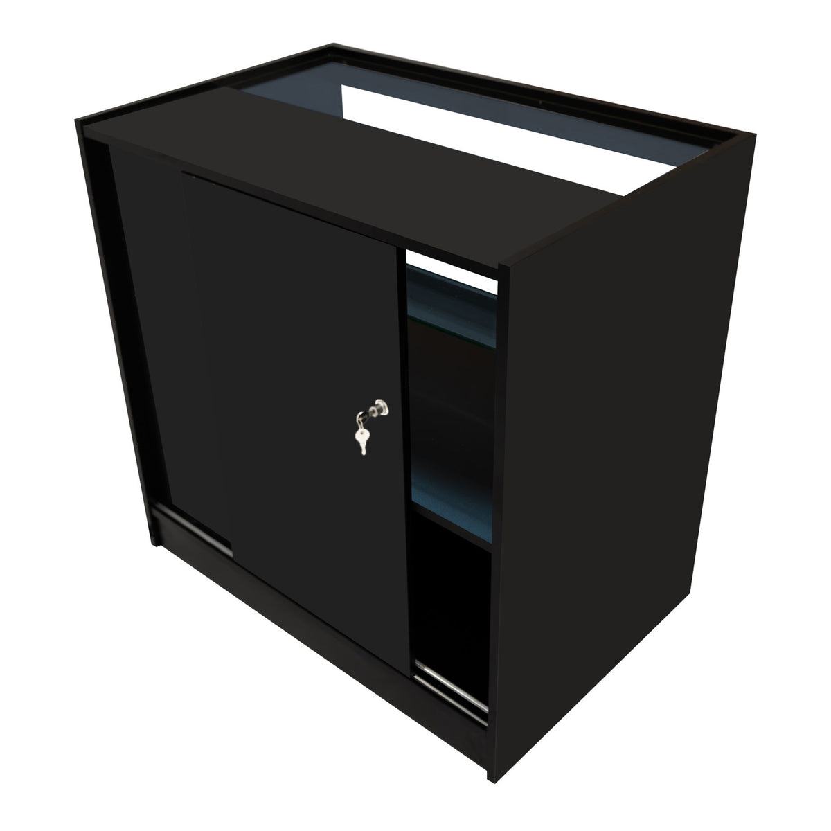 Schwarzes LED Verkaufstheken-Set mit glatter Oberfläche, abschließbarem Schrank und offenen Regalen, ideal für Verkaufsräume und Ausstellungen