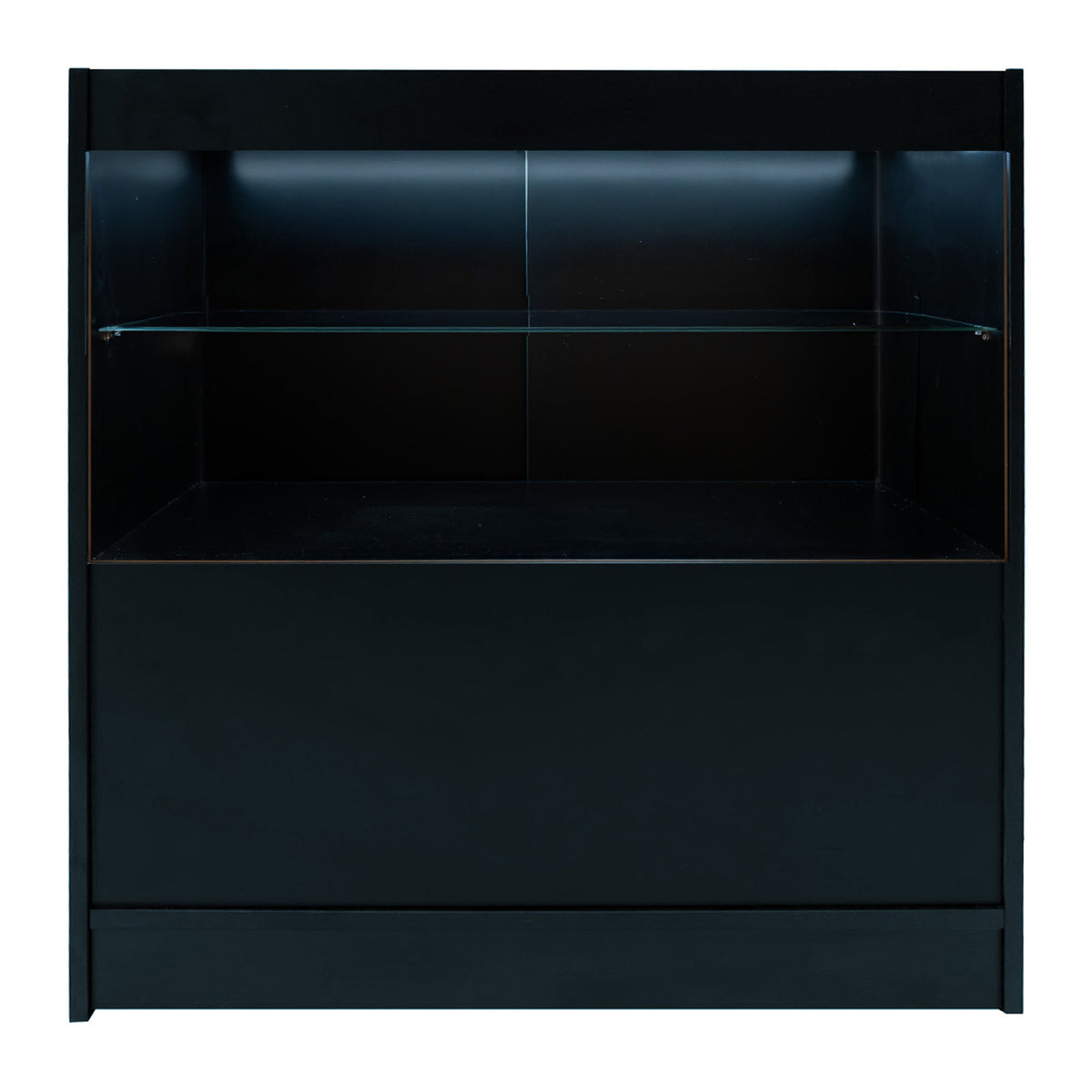 Schwarzes Selene LED Verkaufstheken-Set mit gläsernem Regal und beleuchtetem Oberteil, ideal für moderne Verkaufsräume und Ausstellungen