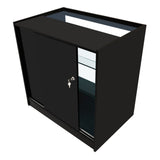 Schwarzes Verkaufstheken-Set aus hochwertigem Material mit glatten Oberflächen, abschließbaren Türen und transparenten Regalen für optimale Präsentation