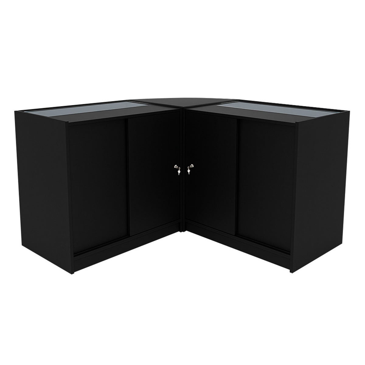Schwarzes Helios LED Verkaufstheken-Set CM60 + K900, zwei elegante, eckige Theken mit Glasoberflächen und abschließbaren Türen, ideal für Verkaufsräume