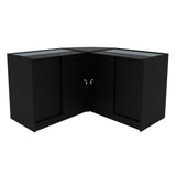 Schwarzes Helios LED Verkaufstheken-Set CM60 + K900, zwei elegante, eckige Theken mit Glasoberflächen und abschließbaren Türen, ideal für Verkaufsräume