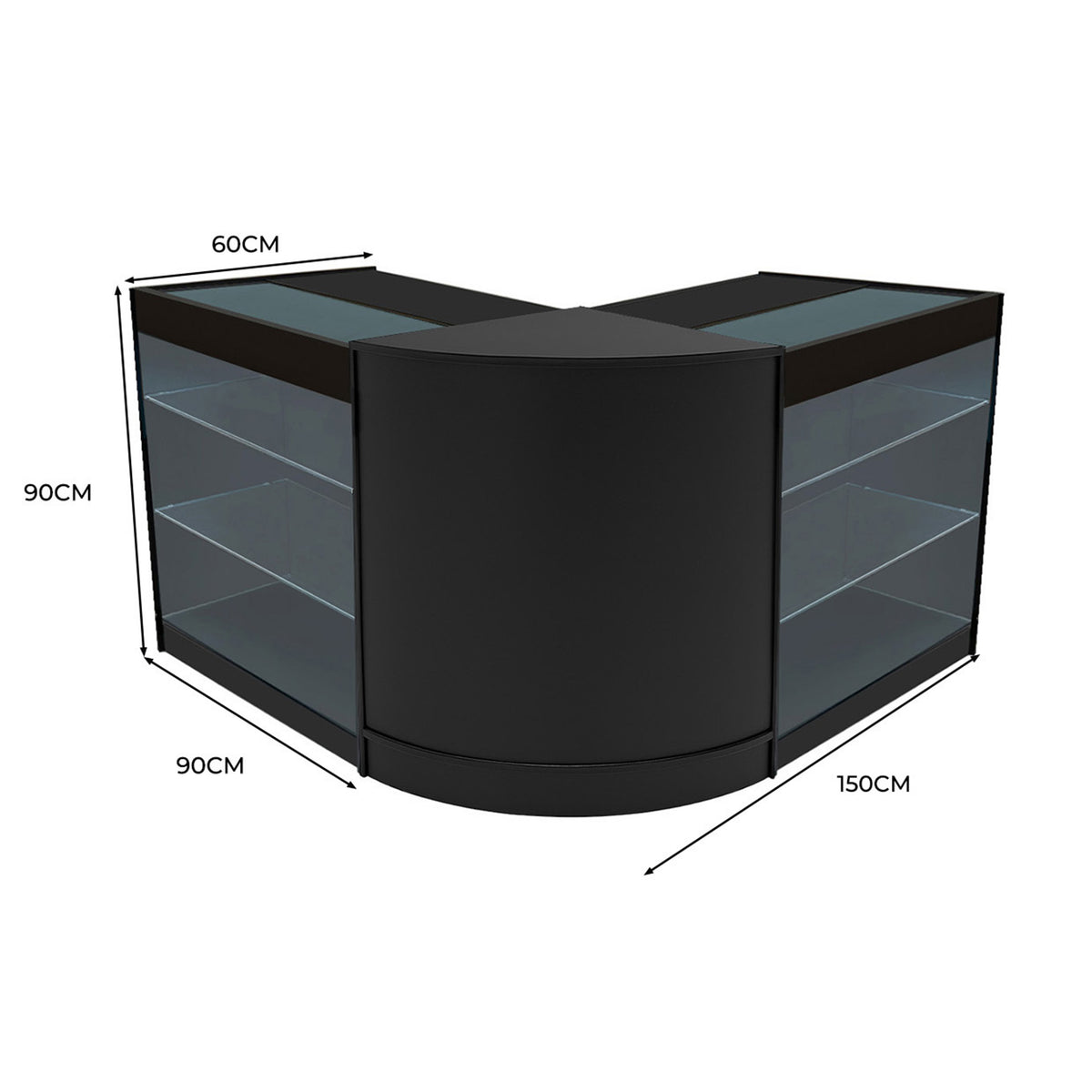 Schwarzes Helios LED Verkaufstheken-Set mit zwei eleganten, gebogenen Theken, transparenten Glasregalen und modernen LED-Beleuchtungselementen