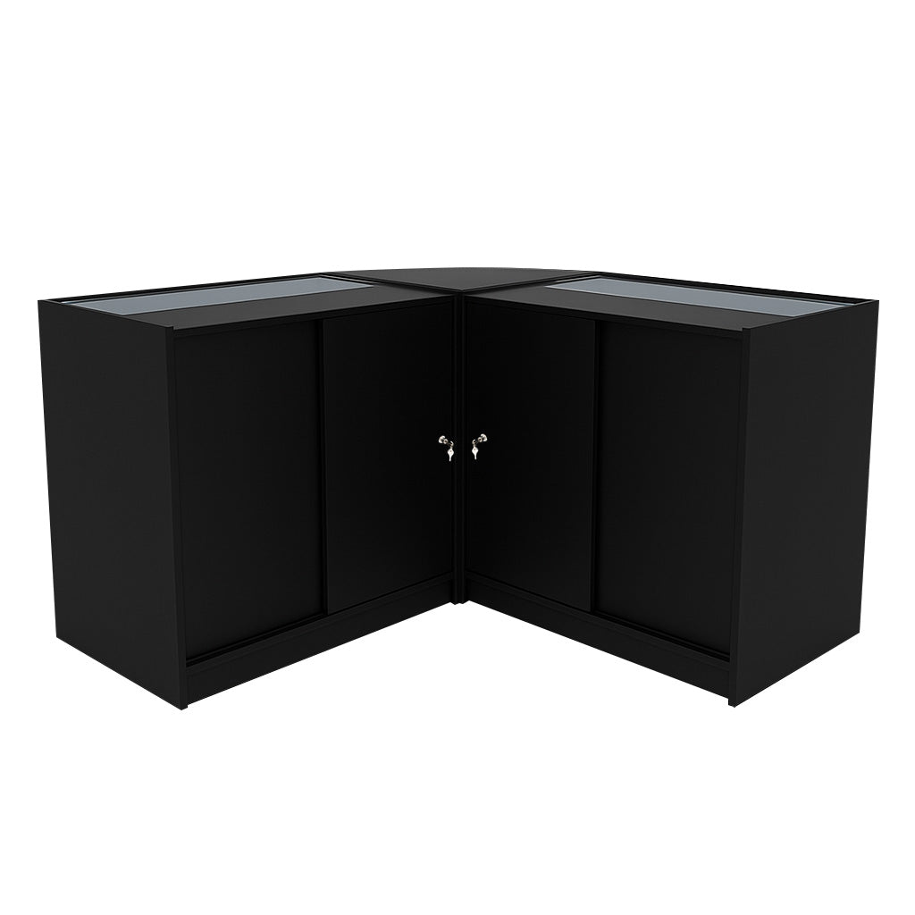 Schwarzes Adonis LED Ladentheke Set mit zwei Glastüren, modernem Design und eleganter, glatter Oberfläche, ideal für Verkaufsräume
