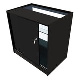 Schwarzes Triton LED Verkaufstheken-Set mit Glastüren, eleganter Oberfläche und modernen Linien, ideal für den Einzelhandel und Ausstellungen